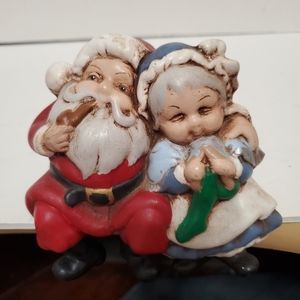 Vintage ceramic mold Santa and Mrs. Claus shelf sitters hand painted 5.25 x 5.25